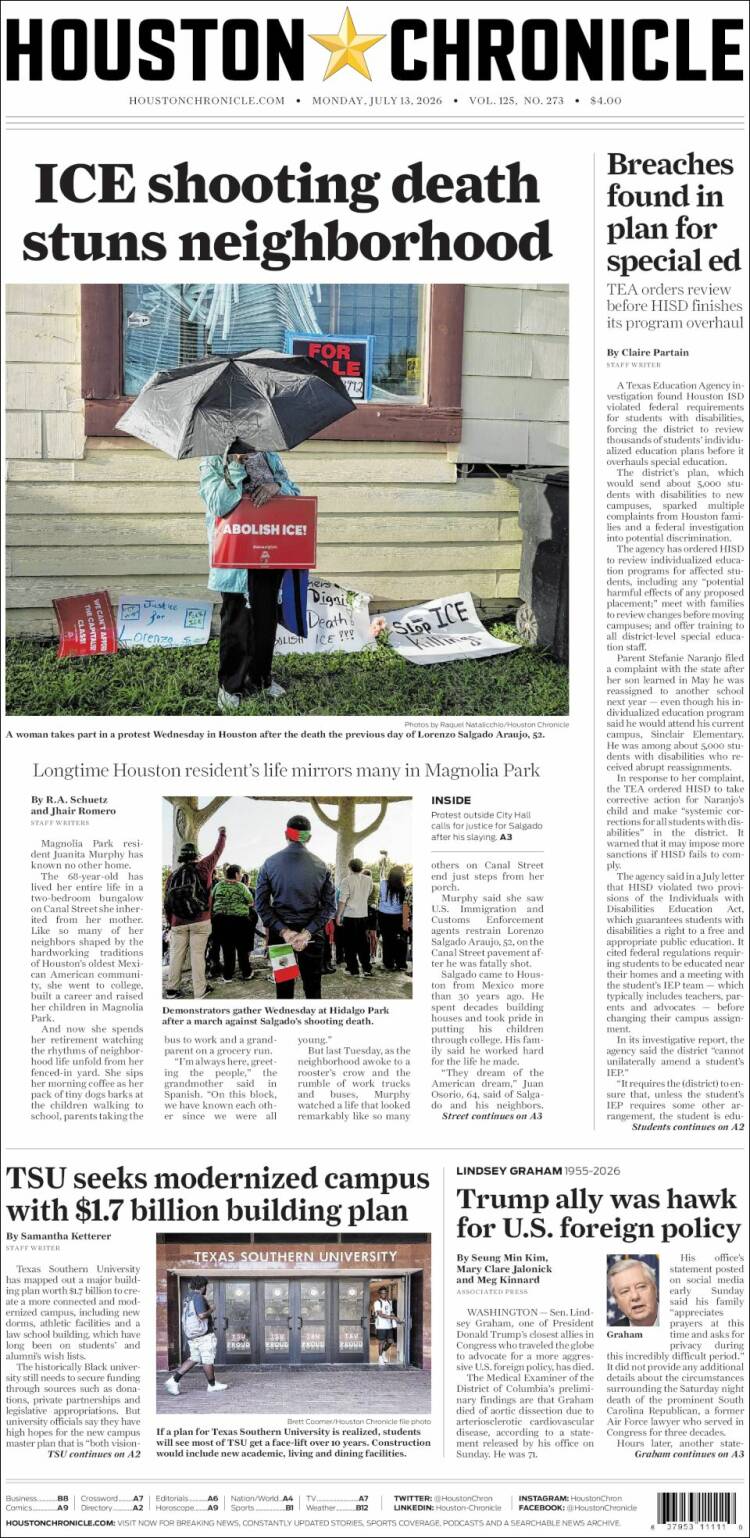 Portada de Houston Chronicle (USA)