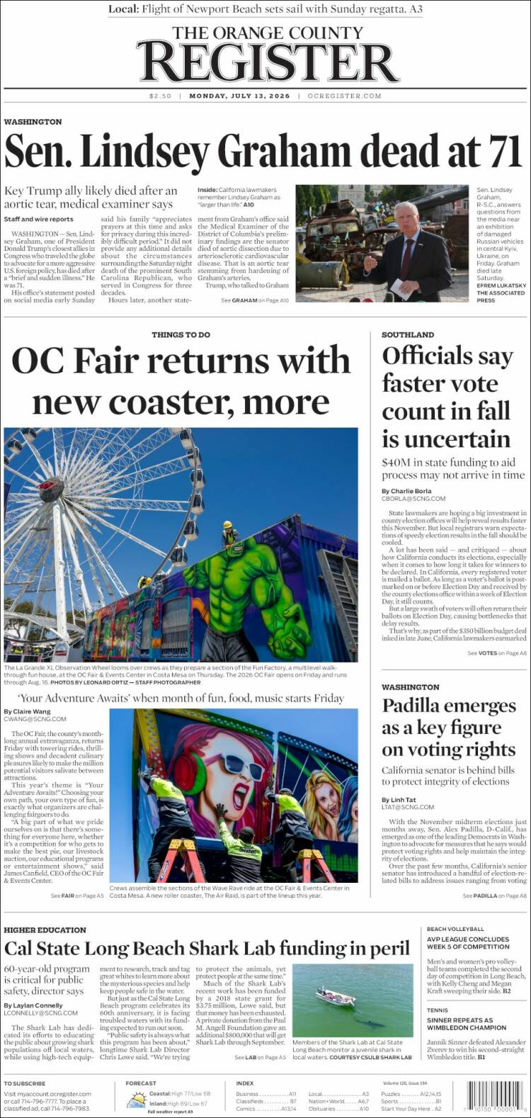 Portada de The Orange County Register (USA)