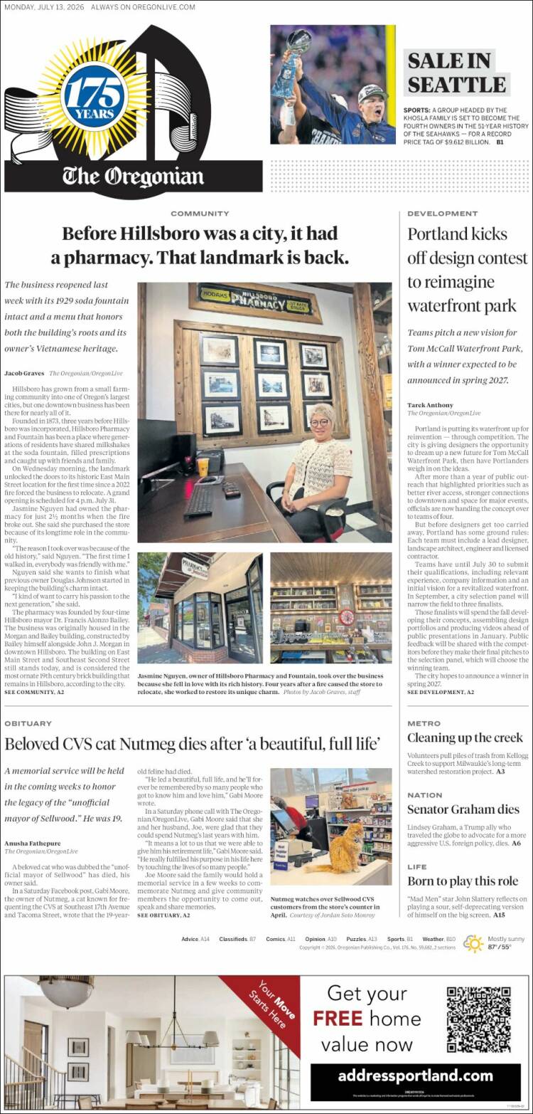 Portada de The Oregonian (USA)