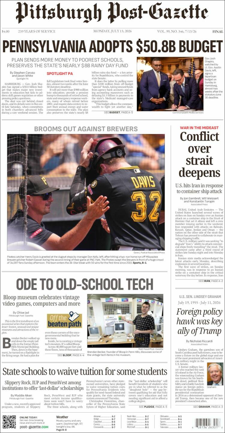 Portada de Pittsburgh Post-Gazette (USA)