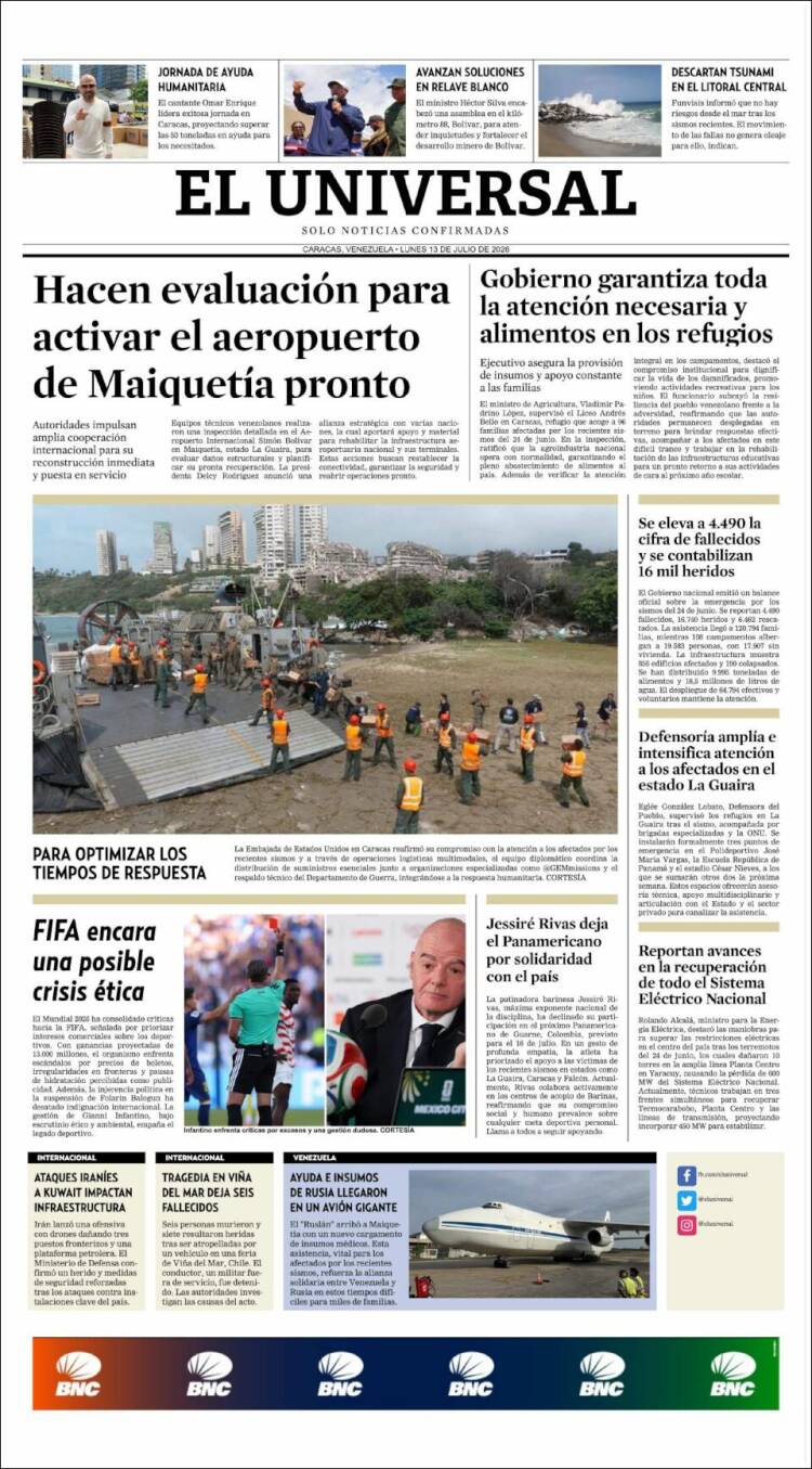 Portada de Universal (Venezuela)
