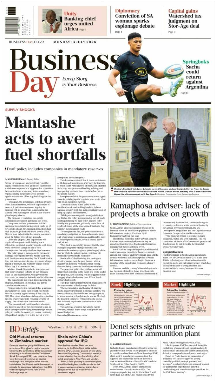 Portada de Business Day (Sud&aacute;frica)