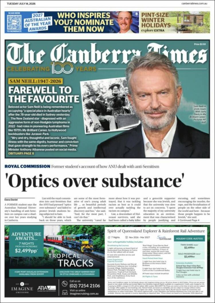 Portada de The Canberra Times (Australia)