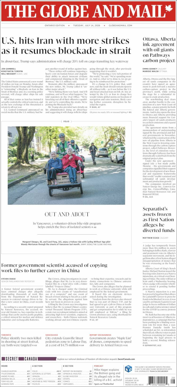 Portada de The Globe and Mail (Canad&aacute;)
