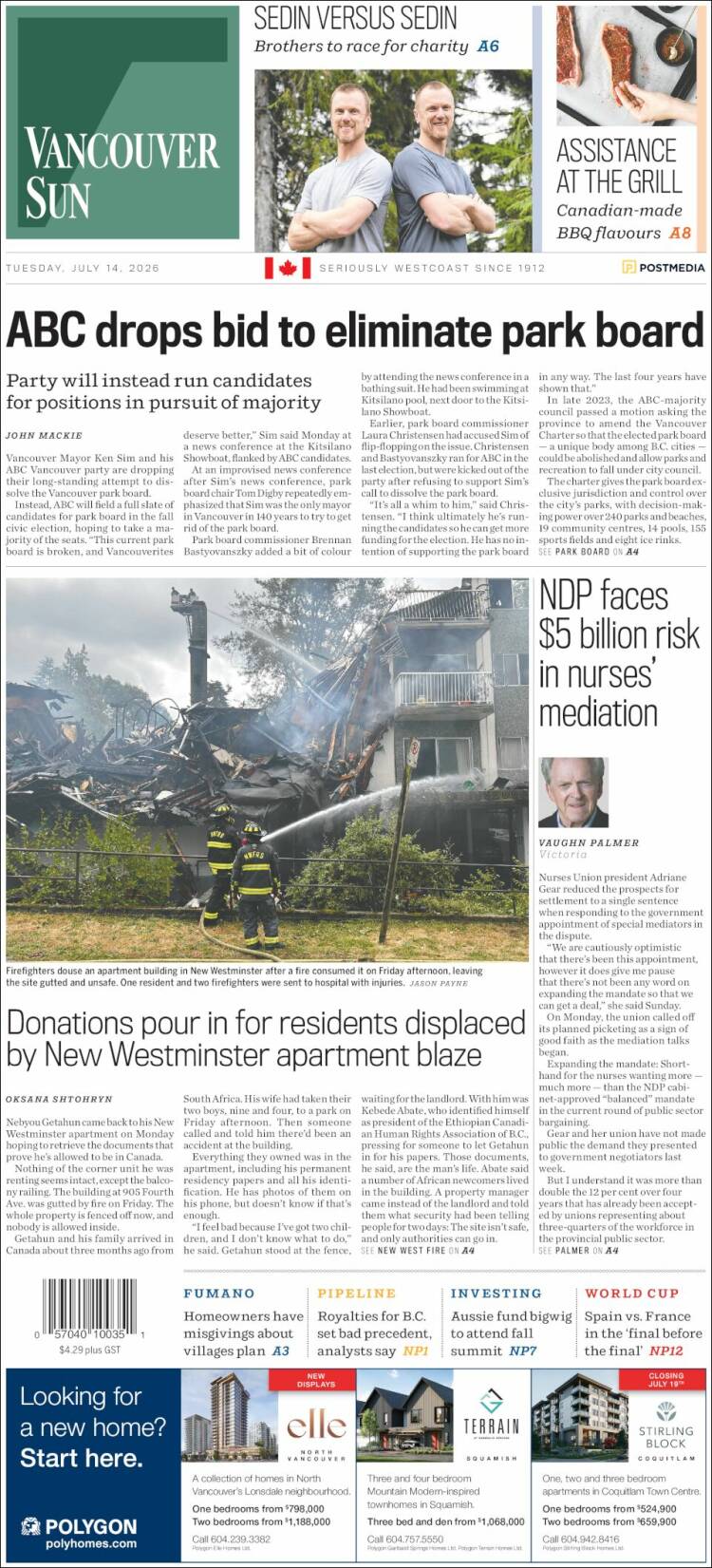 Portada de The Vancouver Sun (Canad&aacute;)