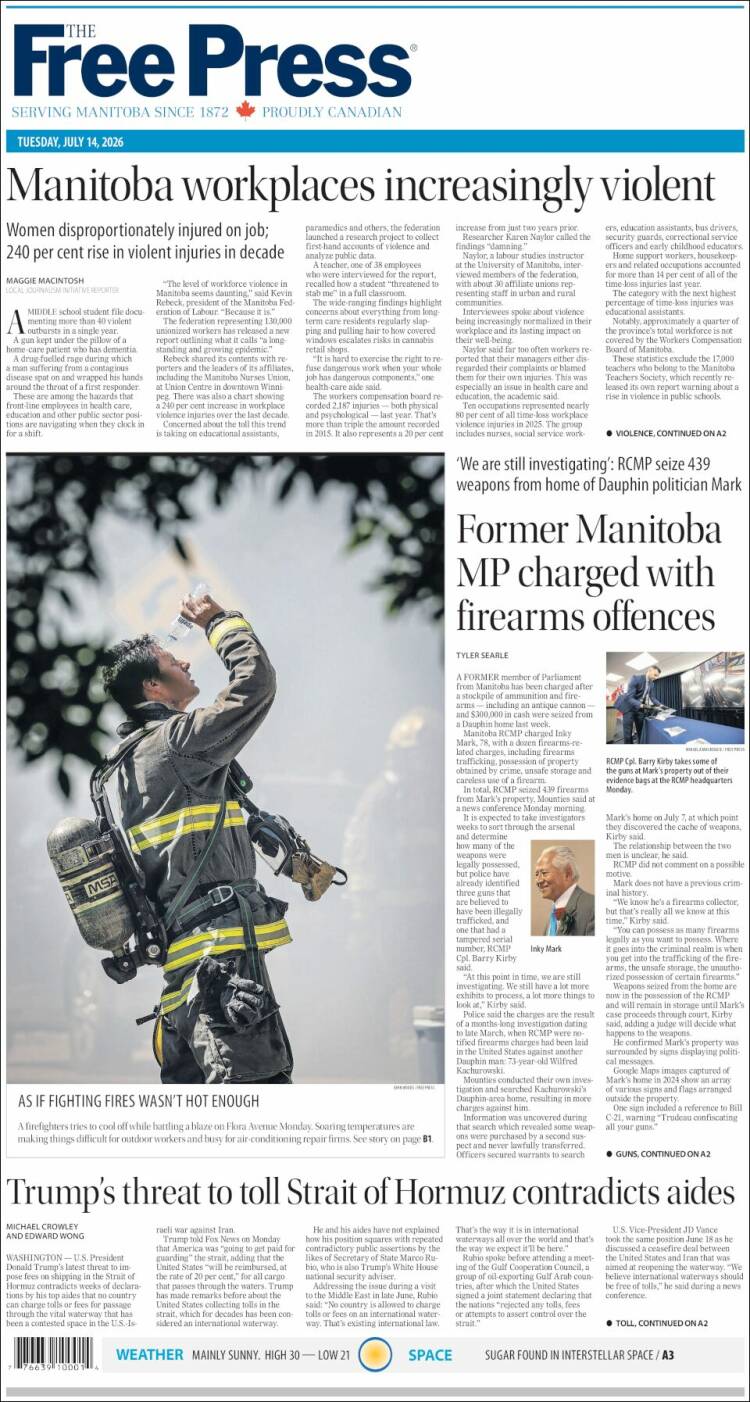 Portada de Winnipeg Free Press (Canad&aacute;)