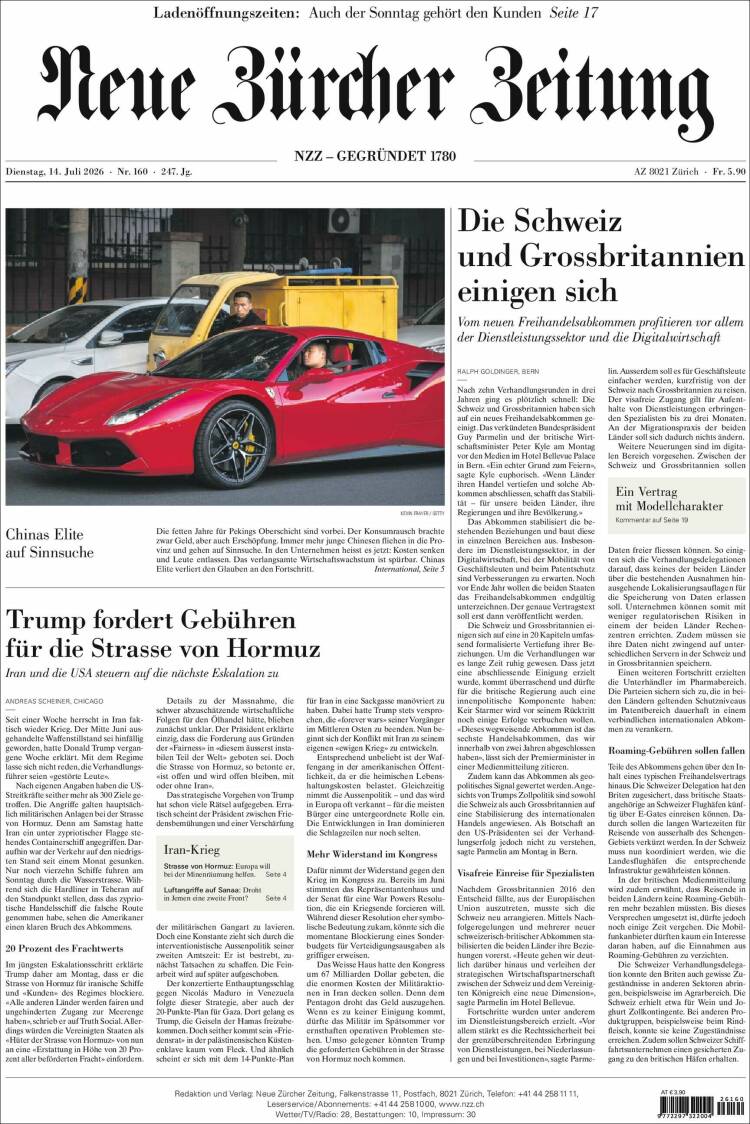 Portada de Neue Zürcher Zeitung (Suiza)