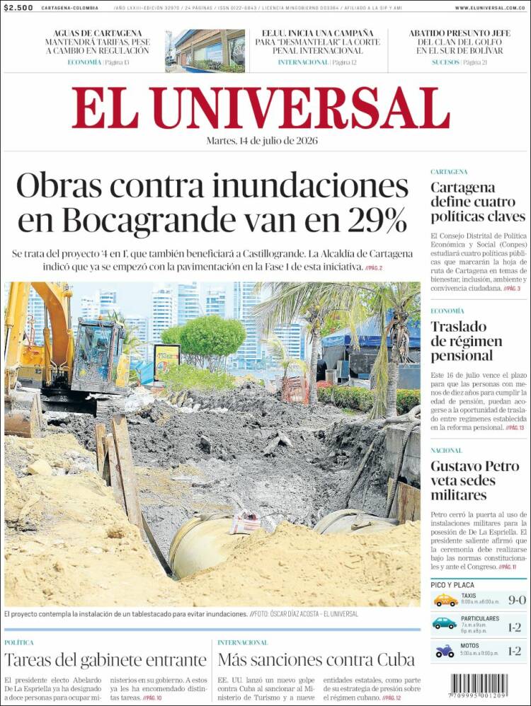 Portada de El Universal (Colombia)