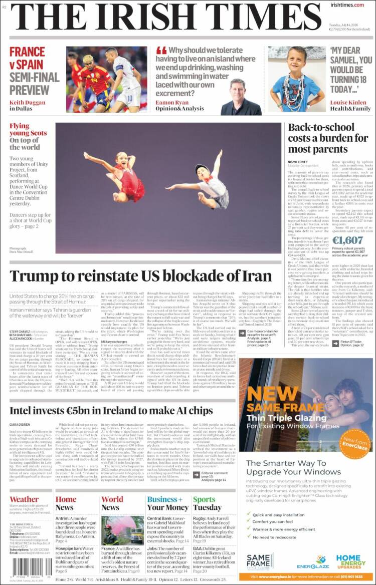Portada de Irish Times (Irlanda)