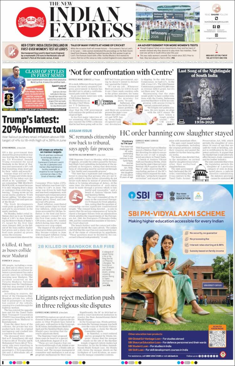 Portada de New Indian Express (India)