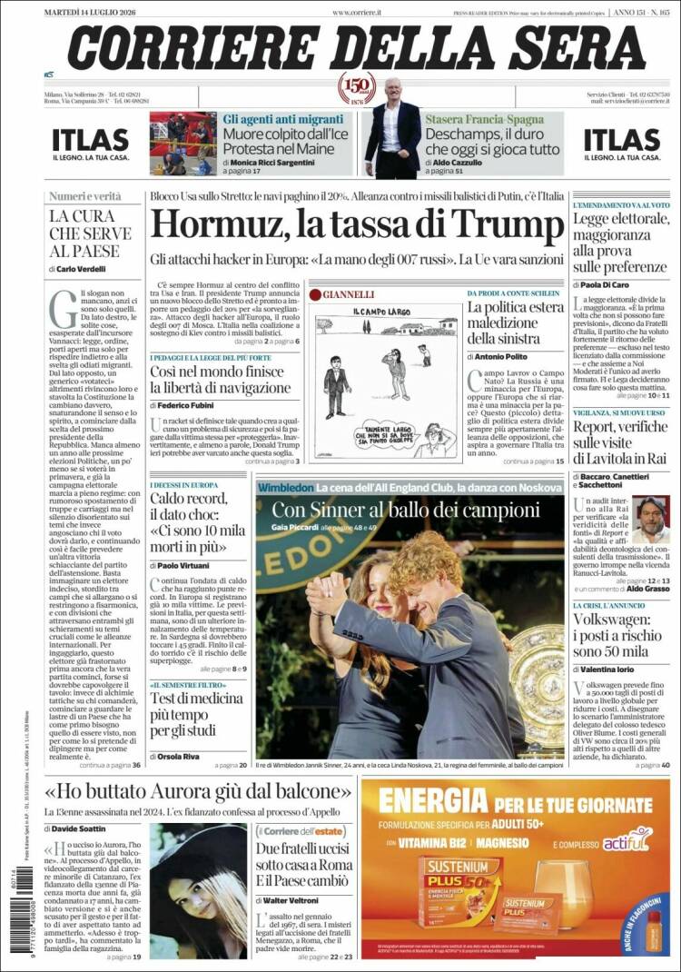 Portada de Corriere della Sera (Italia)