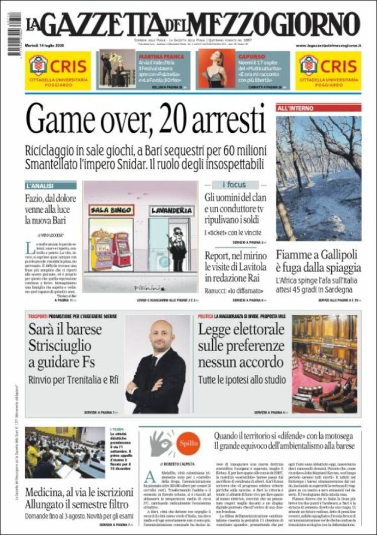 Portada de La Gazzetta del Mezzogiorno (Italia)