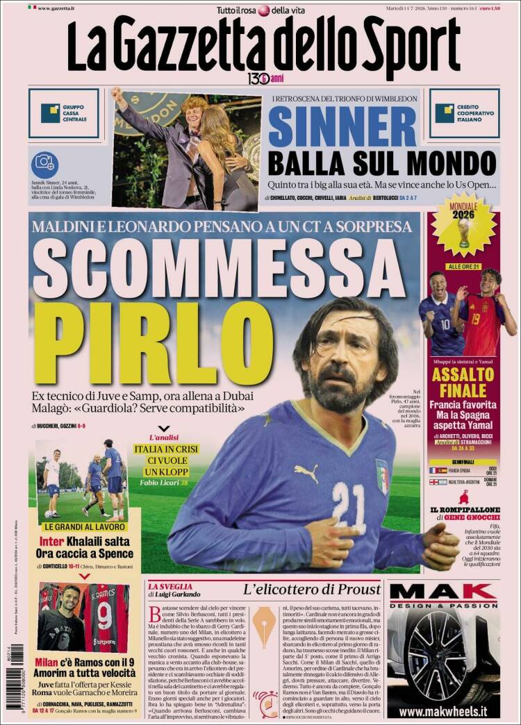 Portada de La Gazzetta dello Sport (Italia)