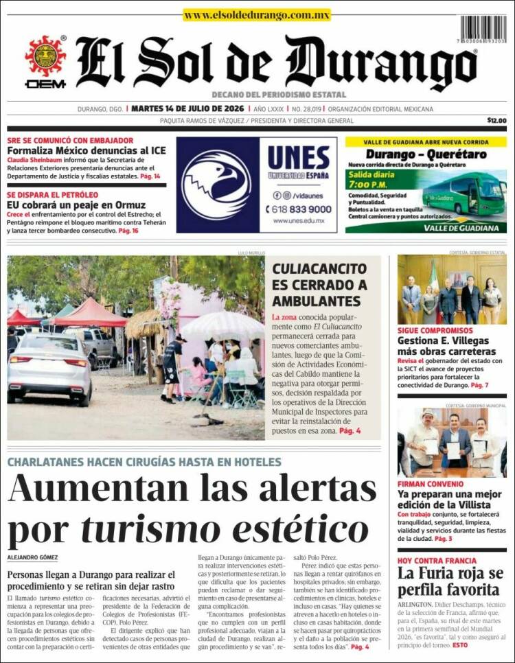 Portada de El Sol de Durango (M&eacute;xico)
