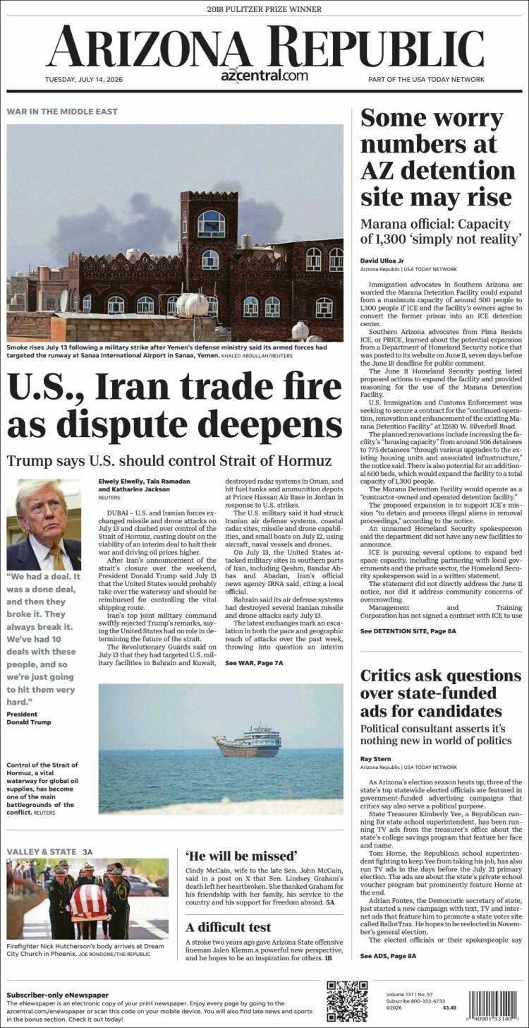 Portada de Arizona Republic News (USA)