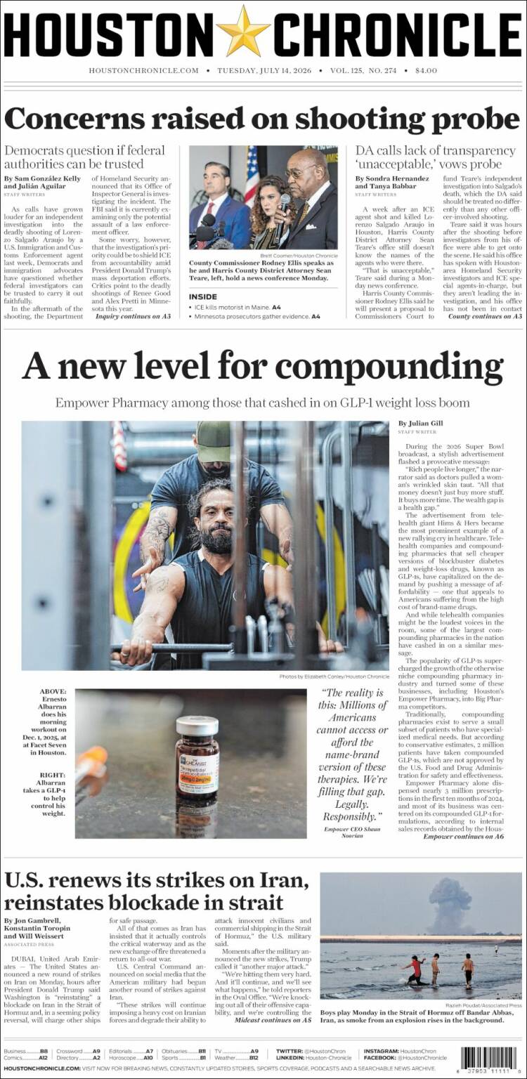 Portada de Houston Chronicle (USA)