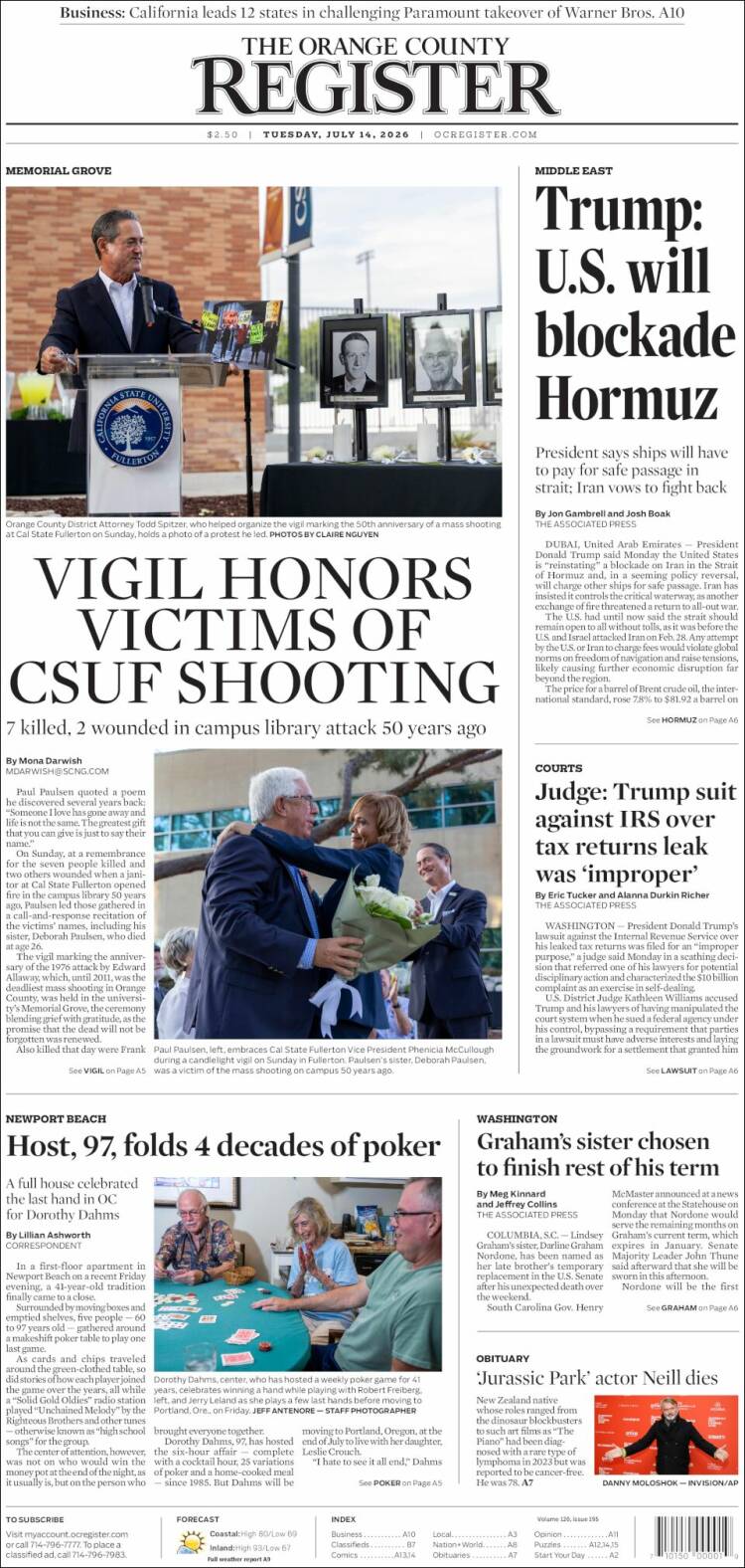 Portada de The Orange County Register (USA)