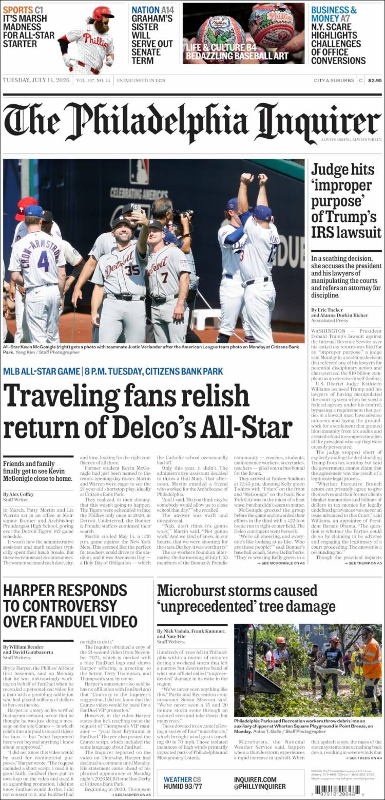 Portada de Philadelphia Inquirer (USA)