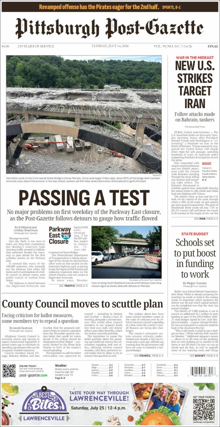 Portada de Pittsburgh Post-Gazette (USA)