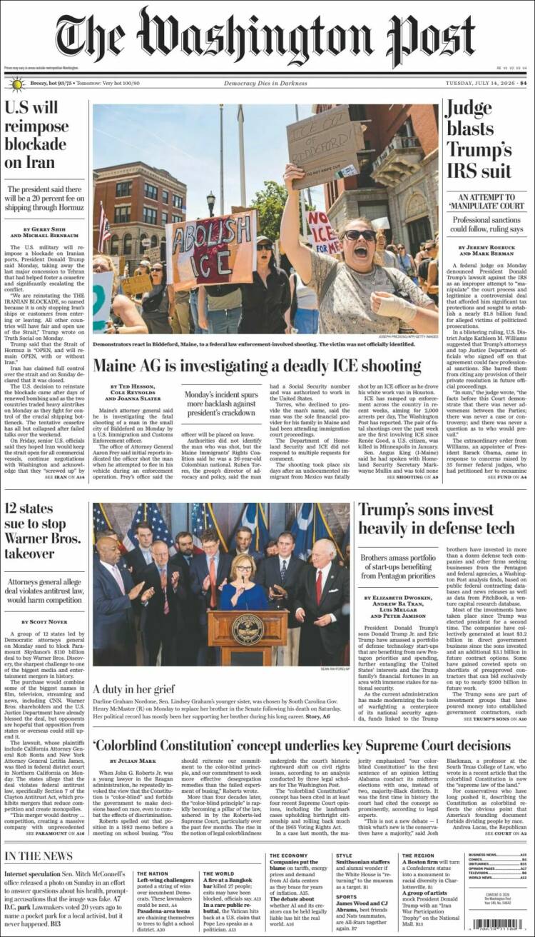 Portada de The Washington Post (USA)
