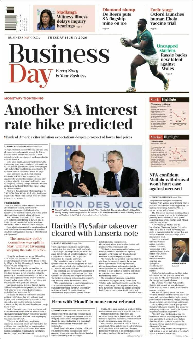 Portada de Business Day (Sud&aacute;frica)