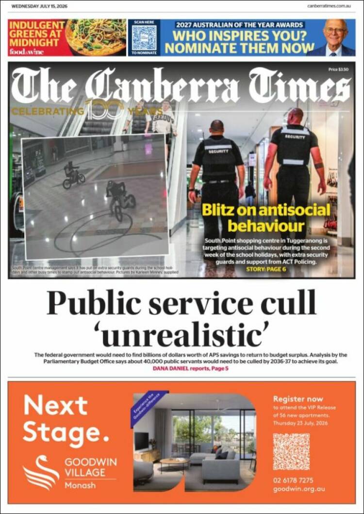 Portada de The Canberra Times (Australia)