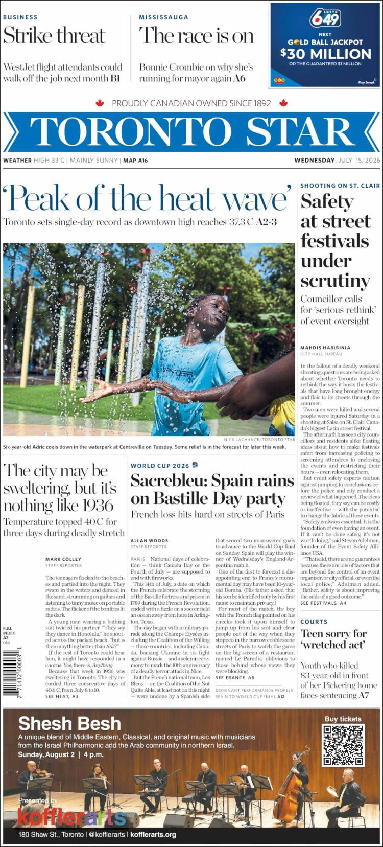 Portada de The Toronto Star (Canad&aacute;)