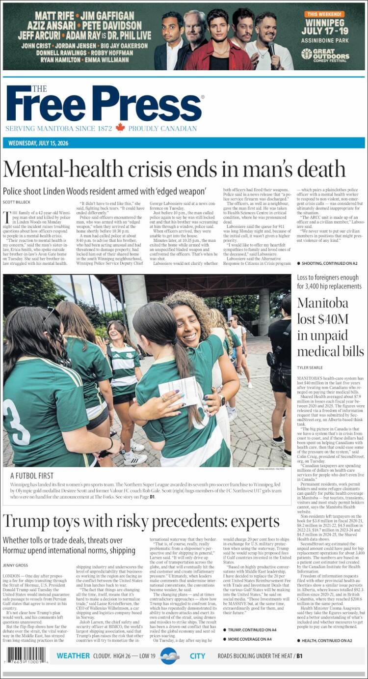 Portada de Winnipeg Free Press (Canad&aacute;)