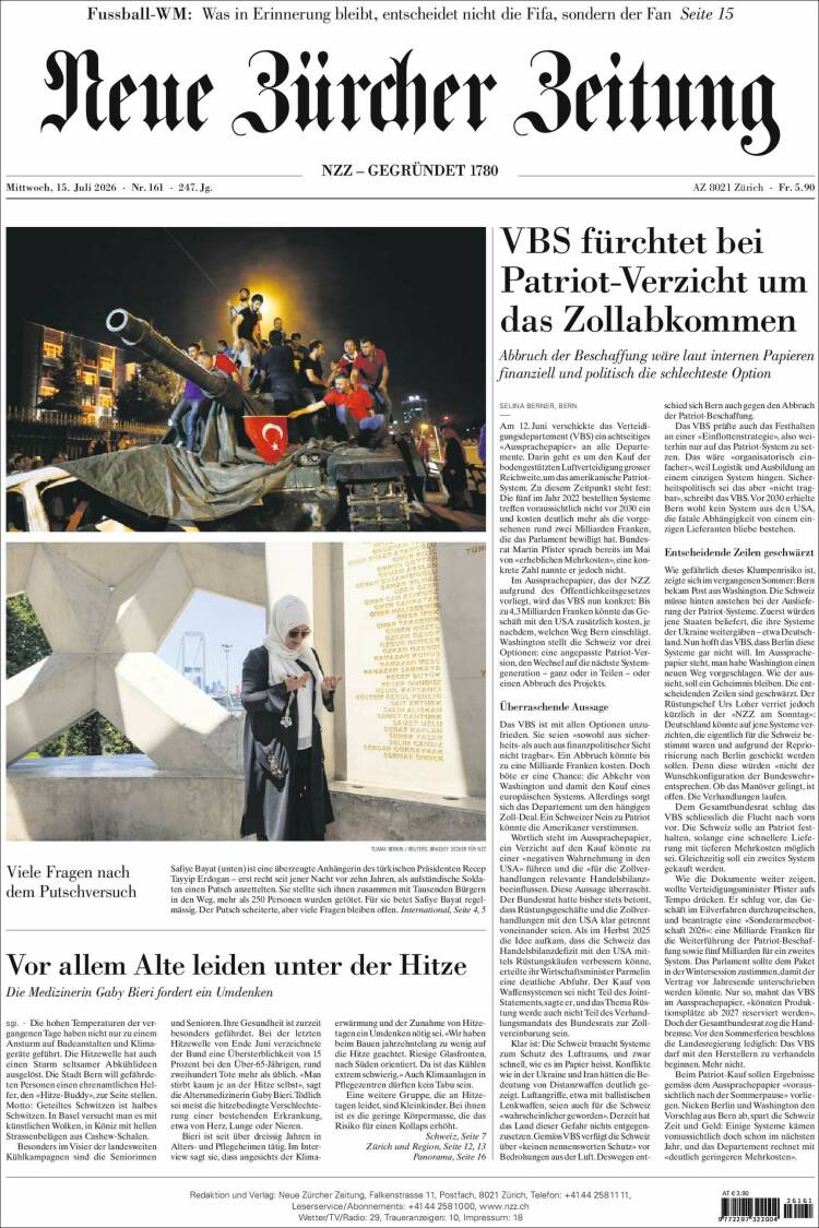 Portada de Neue Zürcher Zeitung (Suiza)