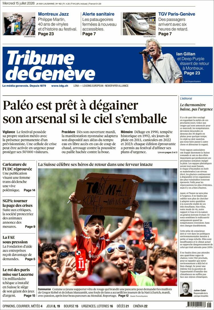 Portada de La Tribune de Genève (Suiza)