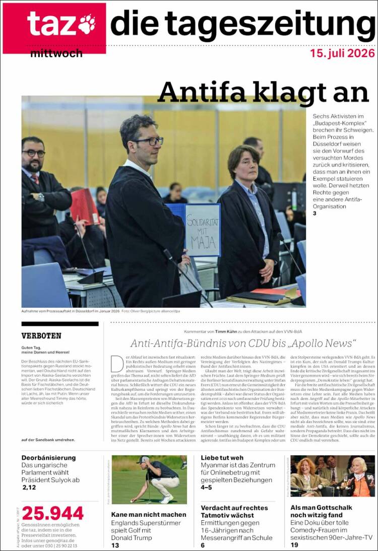 Portada de Die Tageszeitung (Alemania)