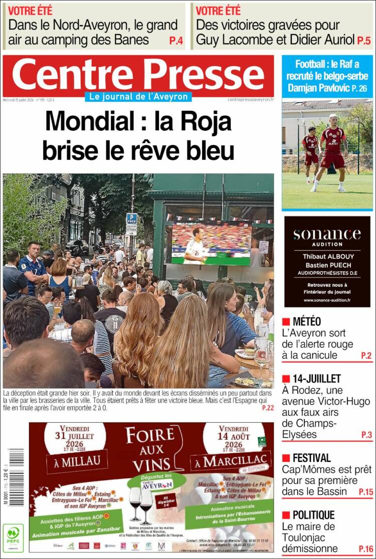 Portada de Centre Presse (Francia)