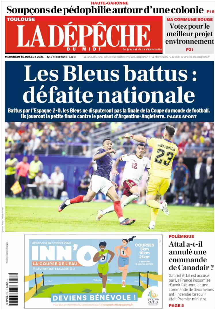 Portada de La Dépêche du Midi (Francia)
