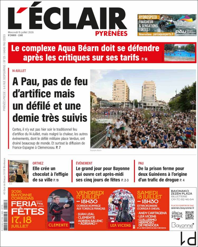Portada de L'Eclair des Pyrénées (Francia)