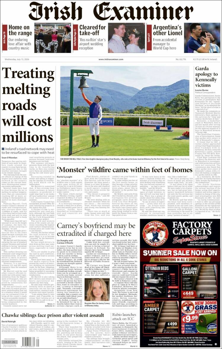 Portada de Irish Examiner (Irlanda)