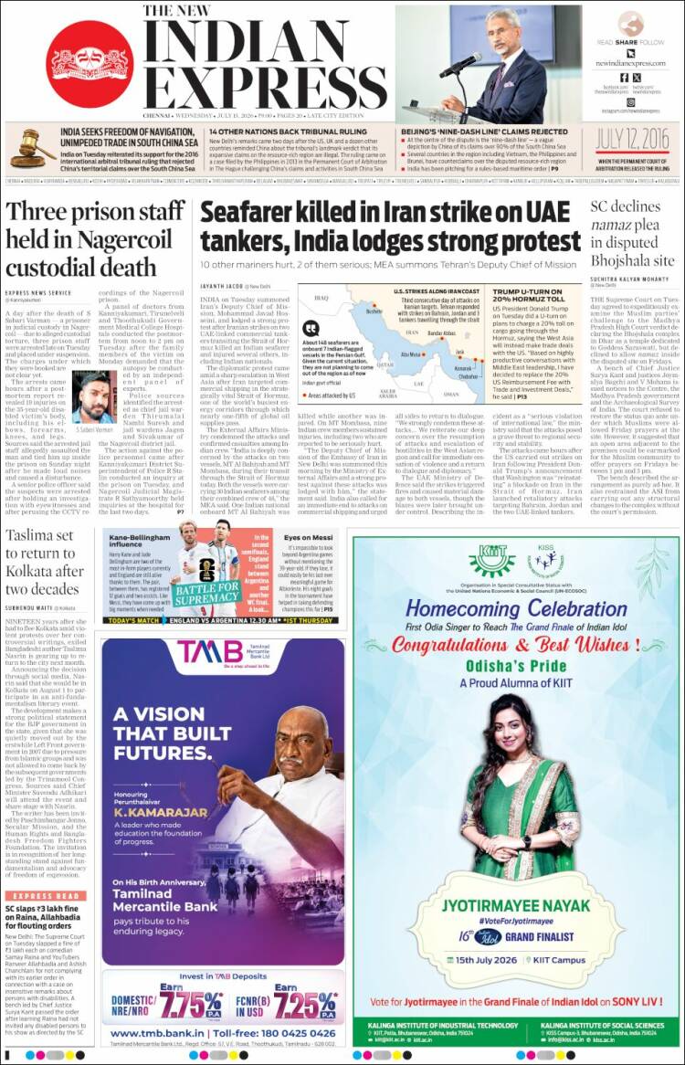 Portada de New Indian Express (India)