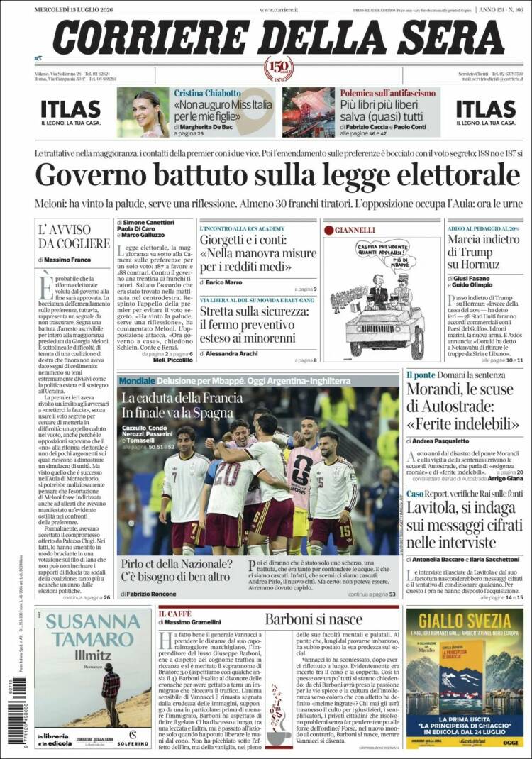 Portada de Corriere della Sera (Italia)