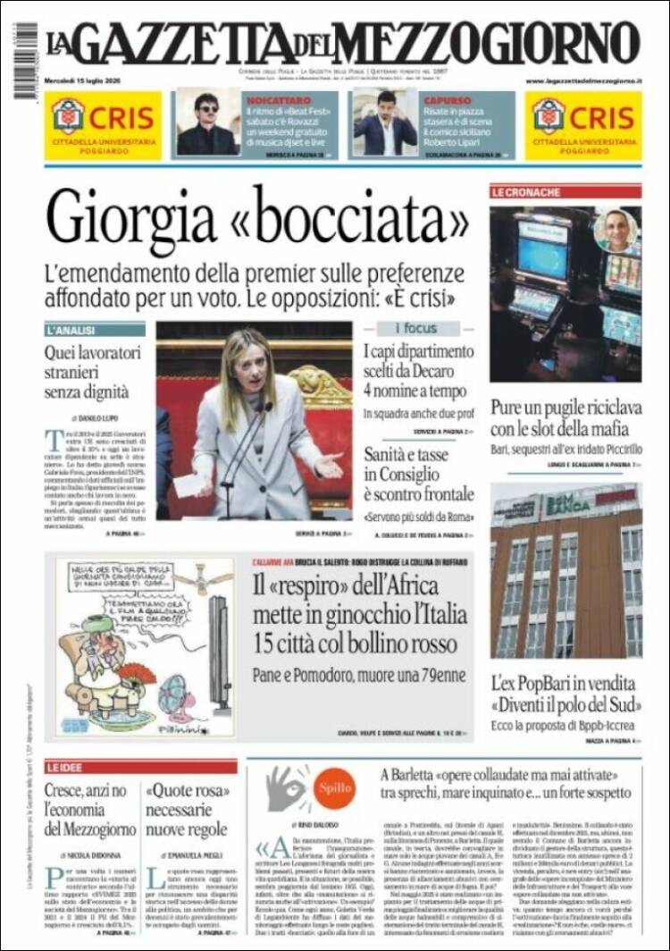 Portada de La Gazzetta del Mezzogiorno (Italia)