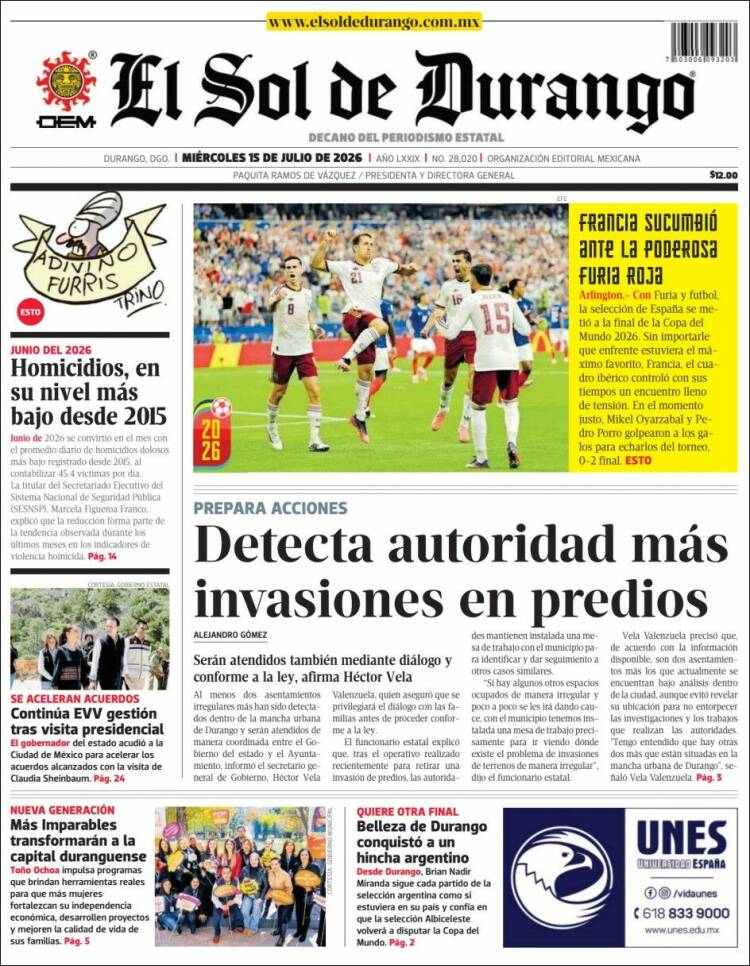 Portada de El Sol de Durango (M&eacute;xico)
