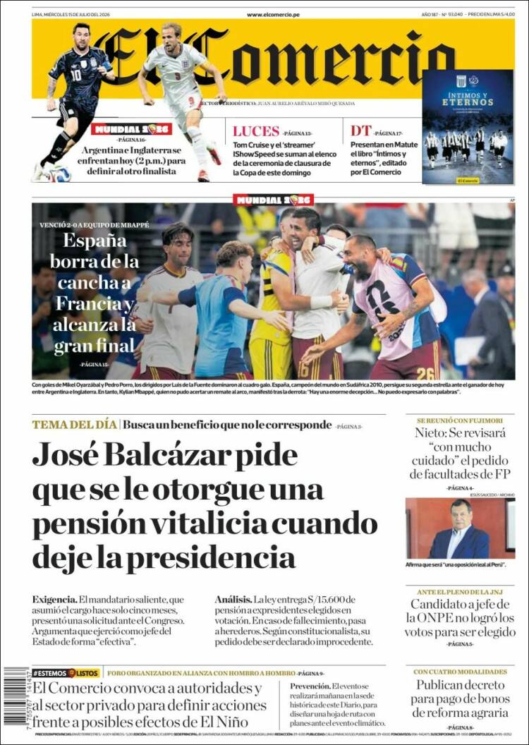 Portada de El Comercio (Per&uacute;)