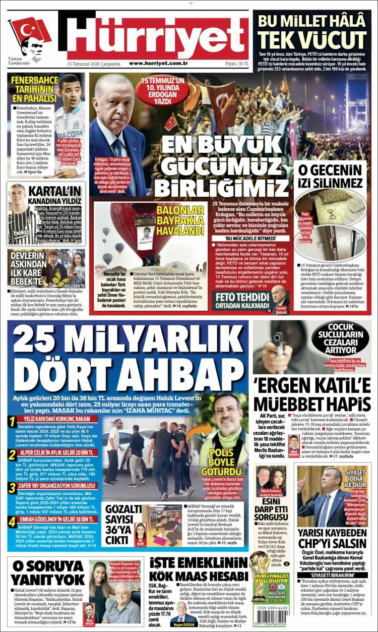 Portada de Hürriyet (Turqu&iacute;a)