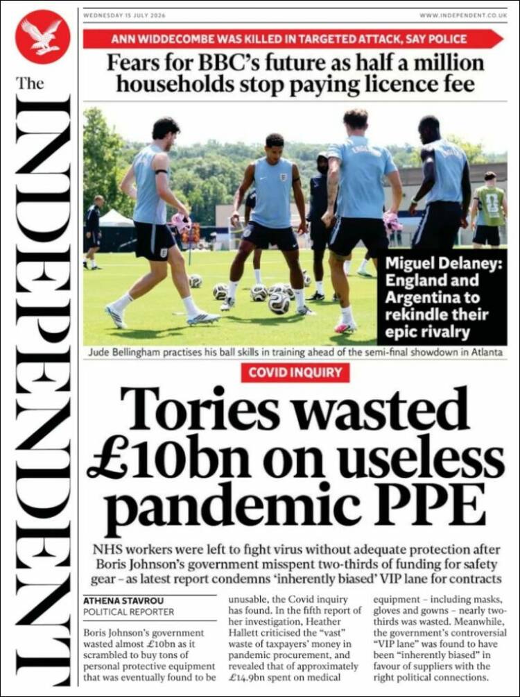 Portada de The Independent (Reino Unido)