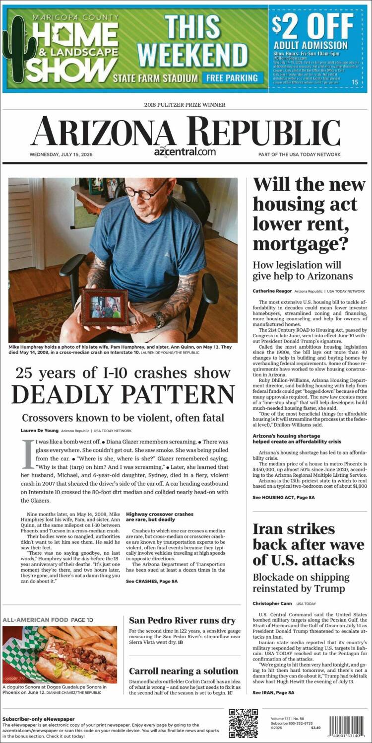 Portada de Arizona Republic News (USA)