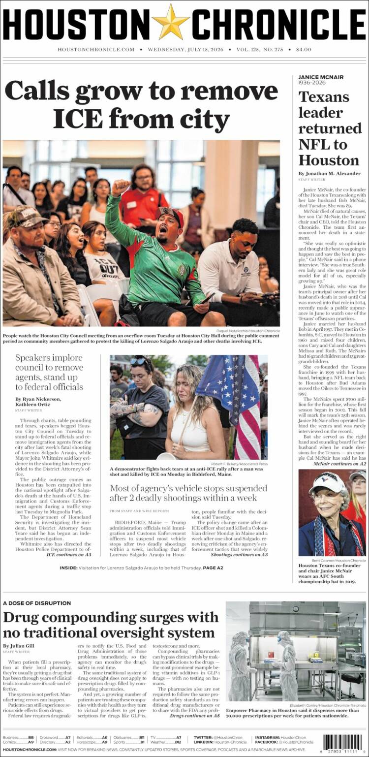Portada de Houston Chronicle (USA)