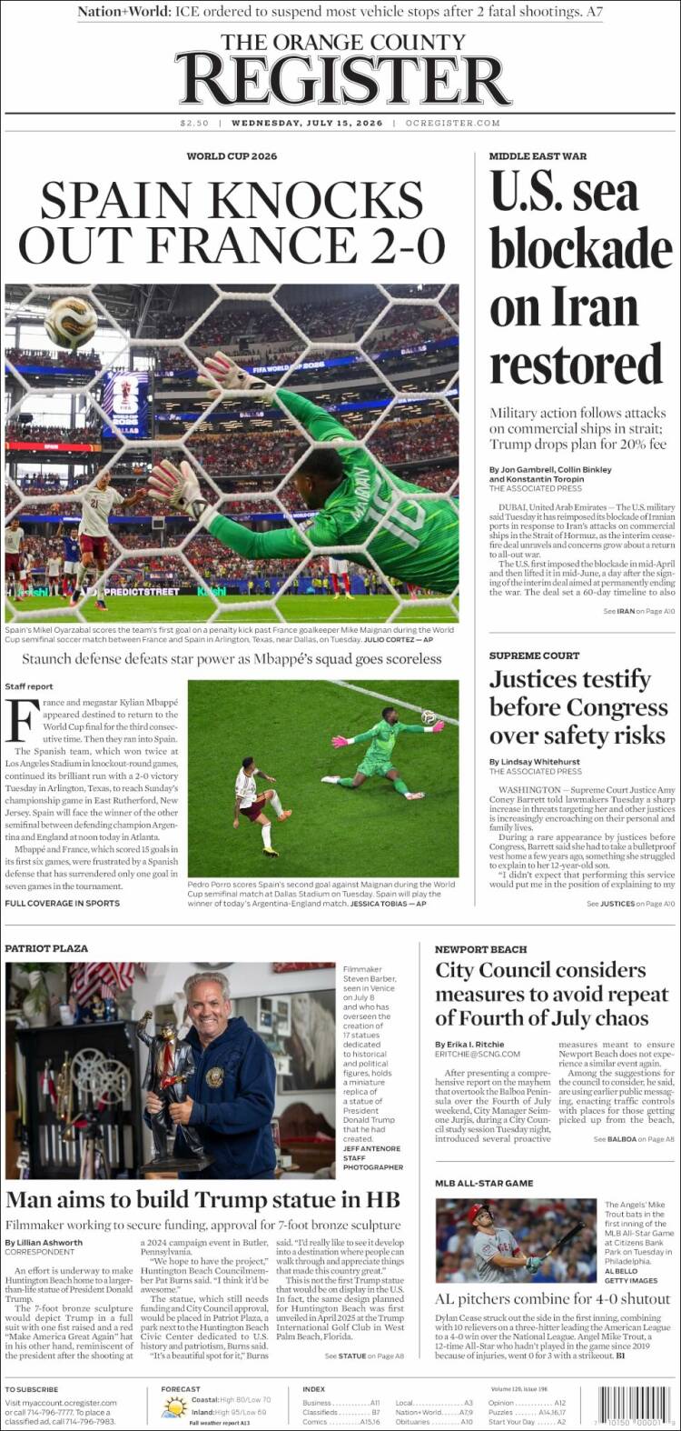 Portada de The Orange County Register (USA)