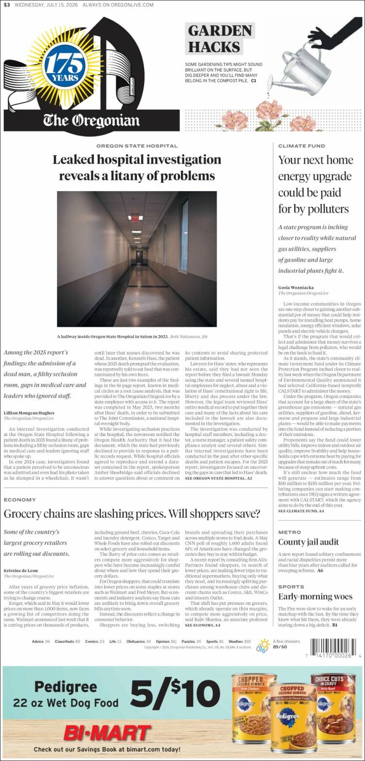 Portada de The Oregonian (USA)