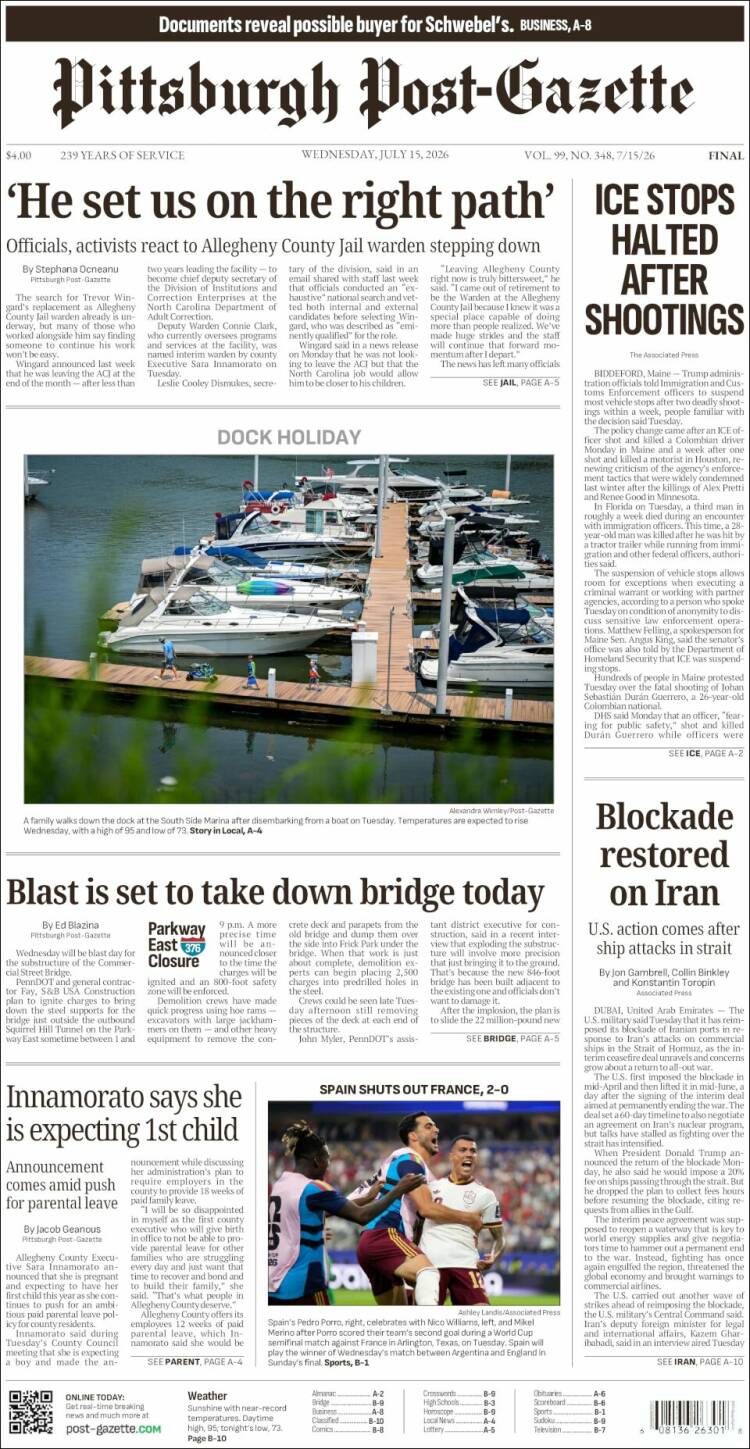 Portada de Pittsburgh Post-Gazette (USA)