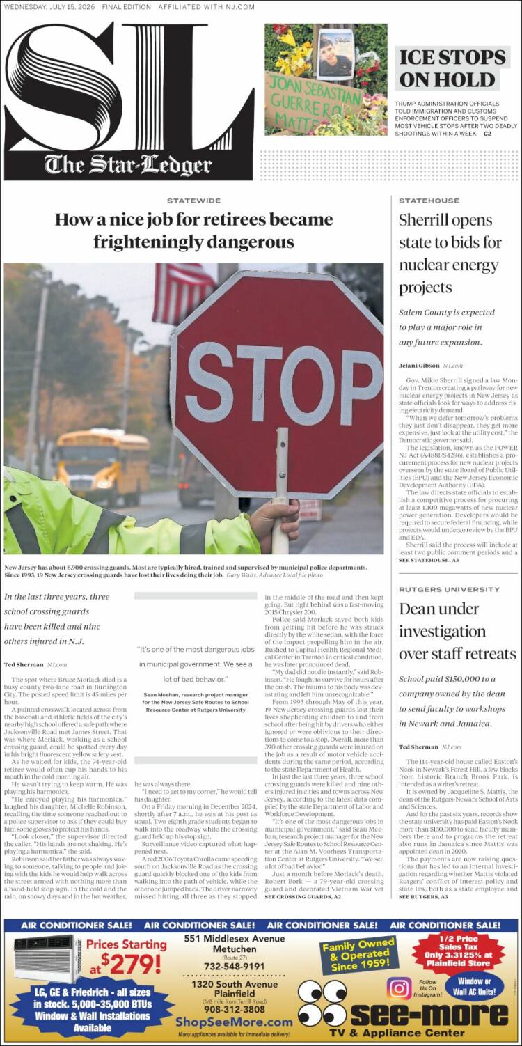 Portada de Star-Ledger (USA)