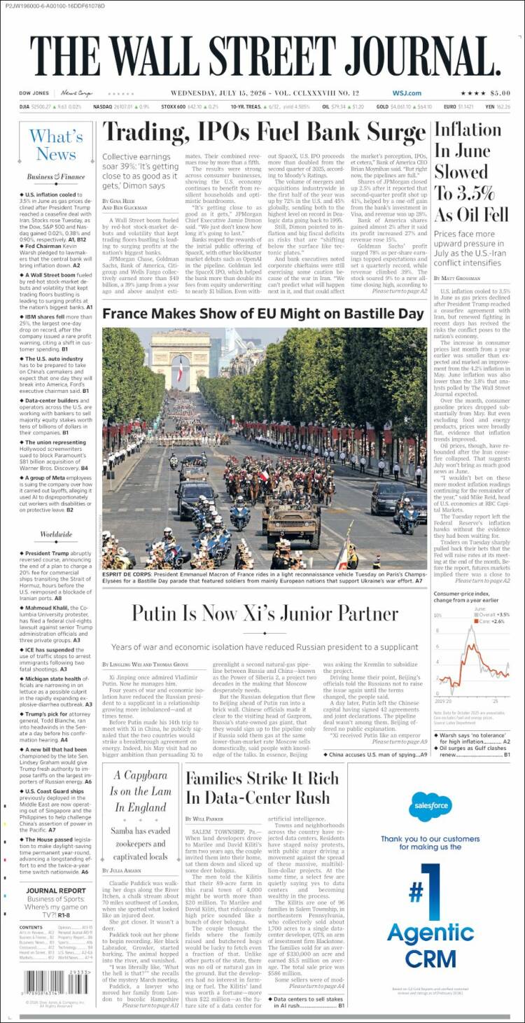 Portada de Wall Street Journal (USA)