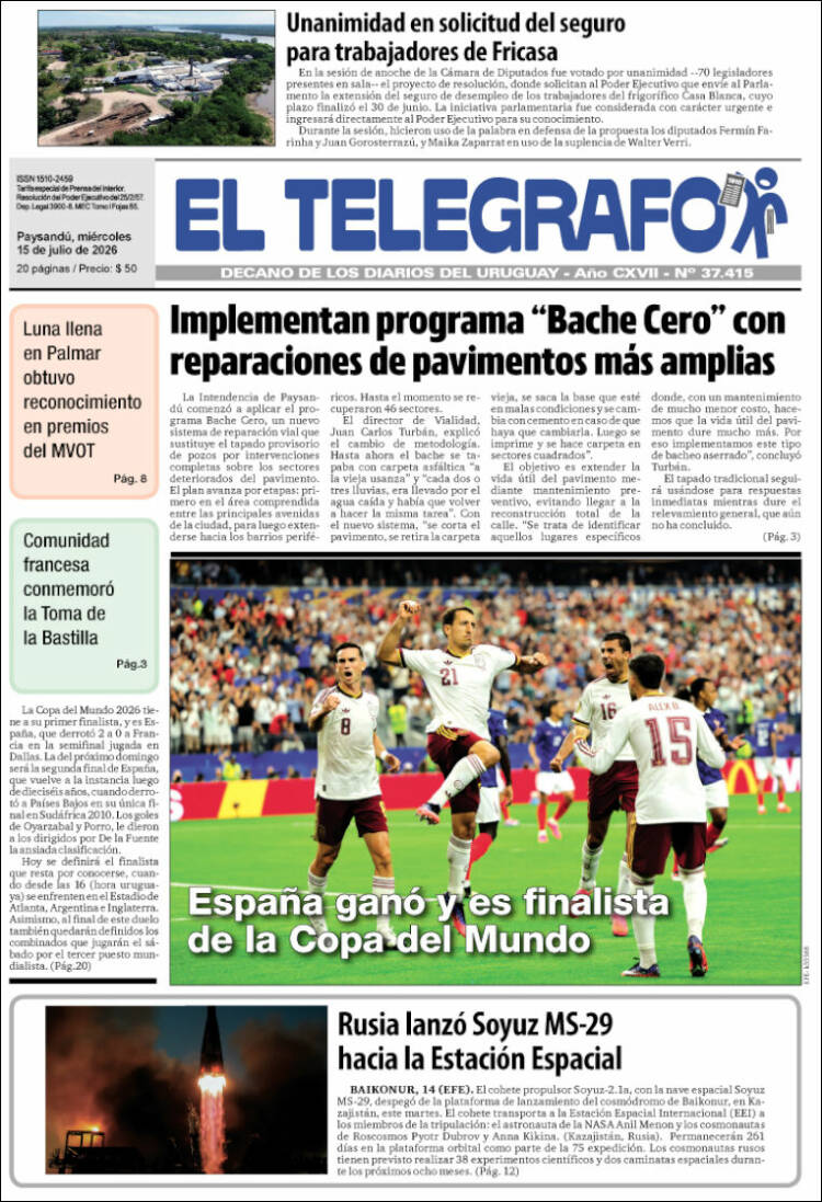 Portada de El Telégrafo (Uruguay)